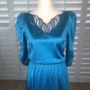 Vtg 70s Handmade Turquoise Satin Slim Dress S 3/4 Sleeve Blouson Applique Disco